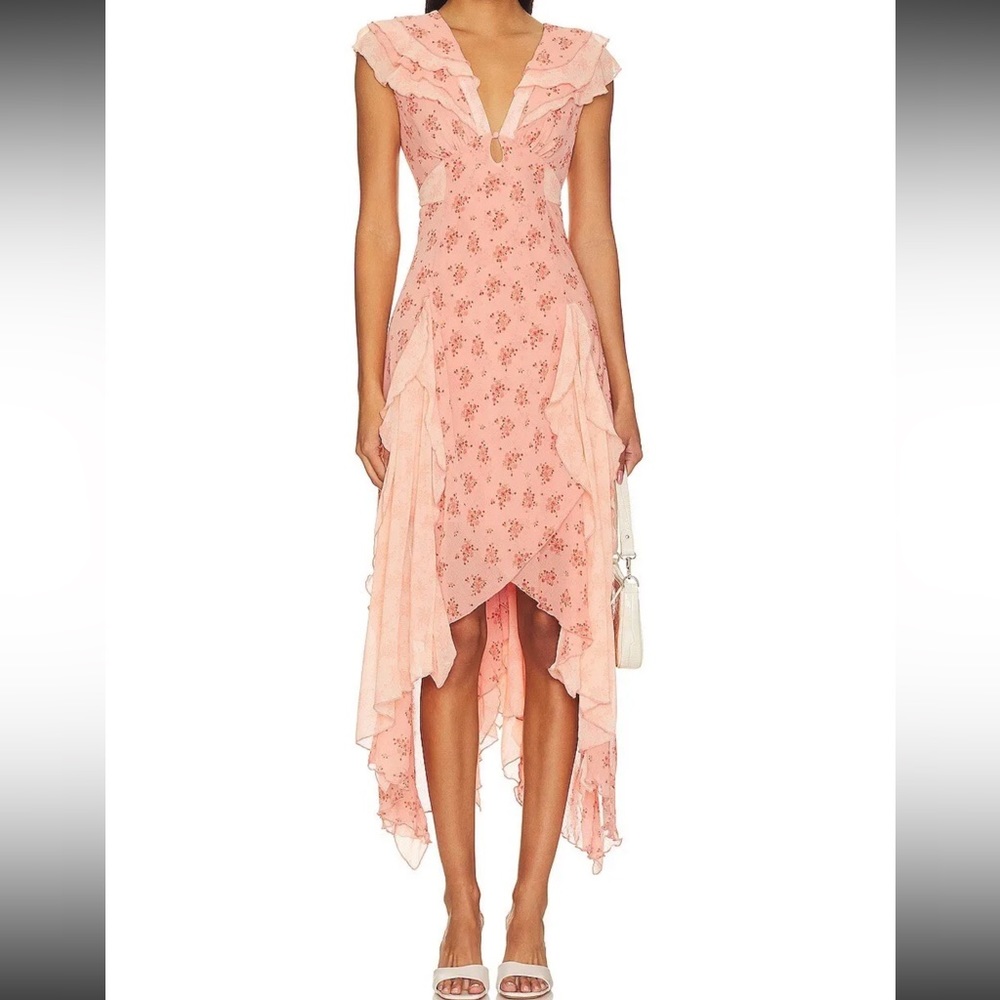 Free People Joaquin Floral Asymmetrical Hem Midi Dress in Peach Combo - Picture 3 of 14